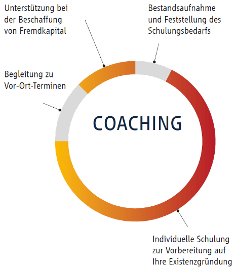 Diagramm zum AVGS Coaching mit verschiedenen Unterstützungsbereichen für Existenzgründer.