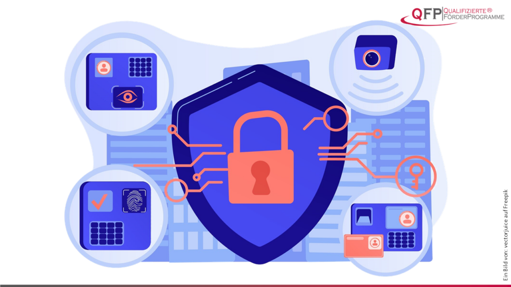 Illustration von IT-Sicherheit mit einem Vorhängeschloss-Symbol, umgeben von Sicherheitselementen wie Fingerabdruck-Scanner und Überwachungskamera.