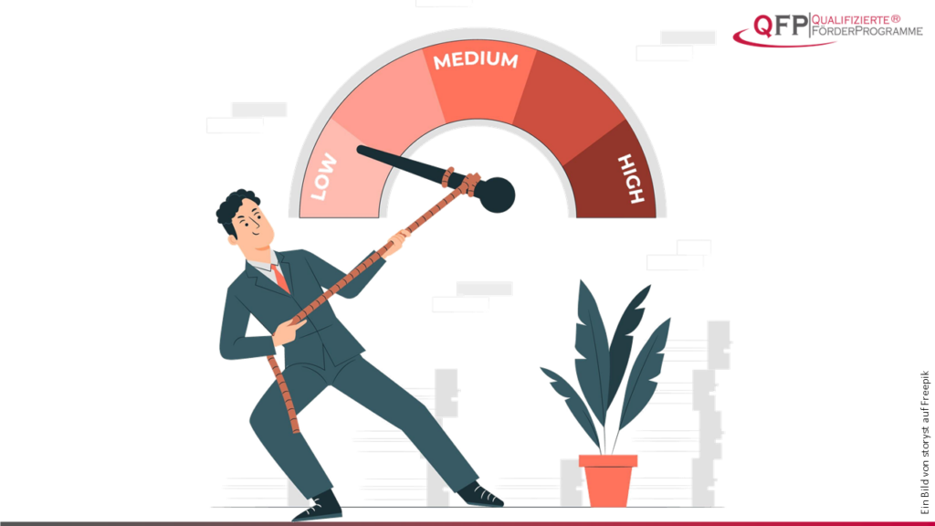 Illustration eines Geschäftsmannes, der einen Zeiger von niedrigem zu hohem Risiko bewegt, als Symbol für Risikomanagement.
