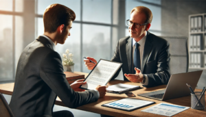 Übergabe von Unternehmensdokumenten in einem modernen Büro zwischen einem erfahrenen Geschäftsmann und einem jüngeren Nachfolger