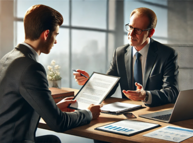 Übergabe von Unternehmensdokumenten in einem modernen Büro zwischen einem erfahrenen Geschäftsmann und einem jüngeren Nachfolger