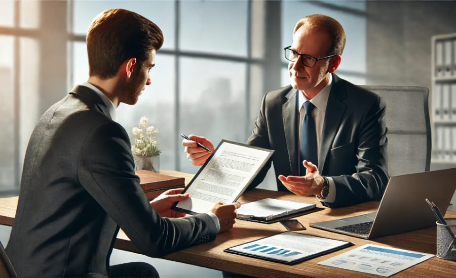 Übergabe von Unternehmensdokumenten in einem modernen Büro zwischen einem erfahrenen Geschäftsmann und einem jüngeren Nachfolger