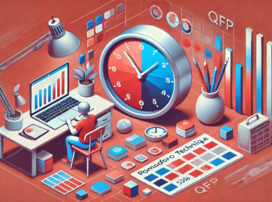 Illustration zur Pomodoro-Technik mit Timer und Arbeitsumgebung