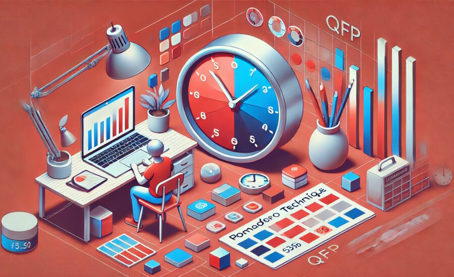 Illustration zur Pomodoro-Technik mit Timer und Arbeitsumgebung