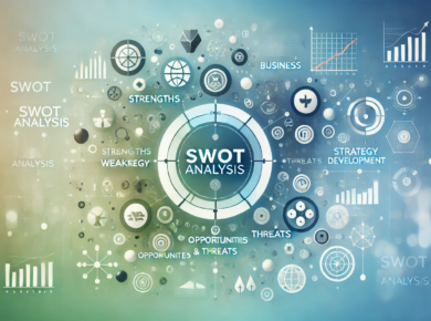 Visuelle Darstellung der SWOT-Analyse mit Symbolen für Stärken, Schwächen, Chancen und Risiken in einer modernen und dynamischen Gestaltung.