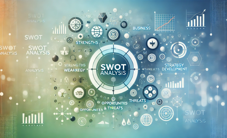 Visuelle Darstellung der SWOT-Analyse mit Symbolen für Stärken, Schwächen, Chancen und Risiken in einer modernen und dynamischen Gestaltung.