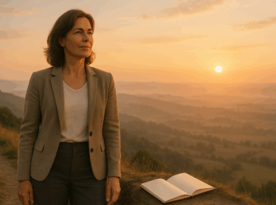 Frau Mitte 40 in Business-Casual Kleidung steht bei Sonnenaufgang auf einem Hügel, neben ihr ein offenes Notizbuch als Symbol für Neuanfang und Inspiration.