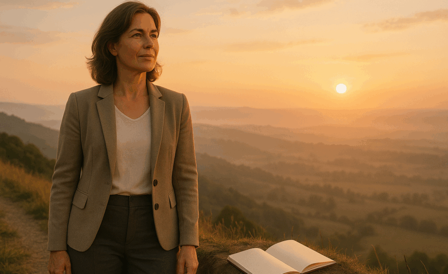 Frau Mitte 40 in Business-Casual Kleidung steht bei Sonnenaufgang auf einem Hügel, neben ihr ein offenes Notizbuch als Symbol für Neuanfang und Inspiration.