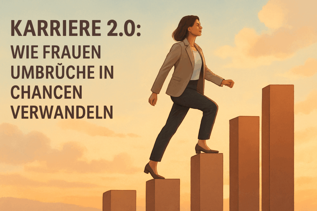 Business-Frau Mitte 40 steigt bei Sonnenaufgang entschlossen eine stilisierte Karrieretreppe empor – Symbol für Neuanfang, Wachstum und die Umwandlung von Umbrüchen in Chancen.
