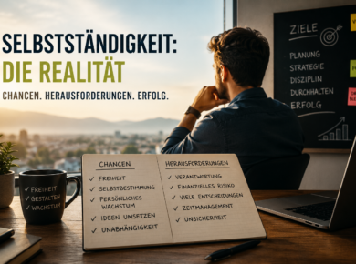 Unternehmer blickt nachdenklich aus dem Bürofenster und plant seine Selbstständigkeit. Im Vordergrund Notizen zu Chancen, Herausforderungen und Erfolgsfaktoren für Gründer und Selbstständige.