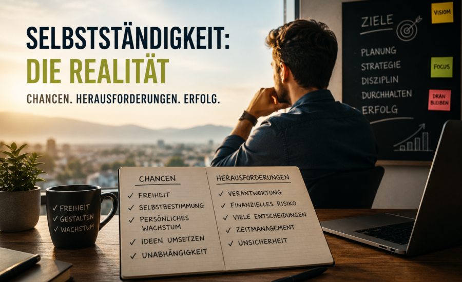 Unternehmer blickt nachdenklich aus dem Bürofenster und plant seine Selbstständigkeit. Im Vordergrund Notizen zu Chancen, Herausforderungen und Erfolgsfaktoren für Gründer und Selbstständige.
